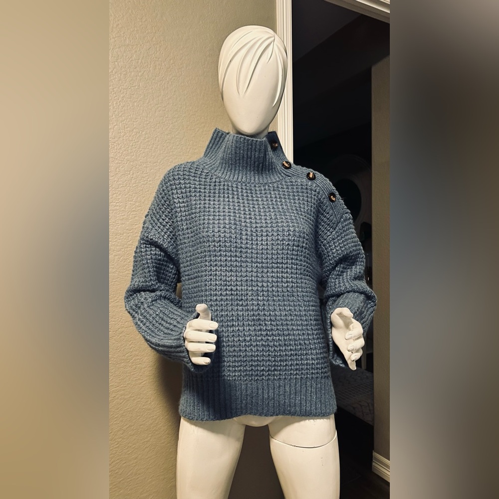 Ann Taylor Weekend Dusty Blue Mock Neck Button-Shoulder Sweater size L - Picture 2 of 11